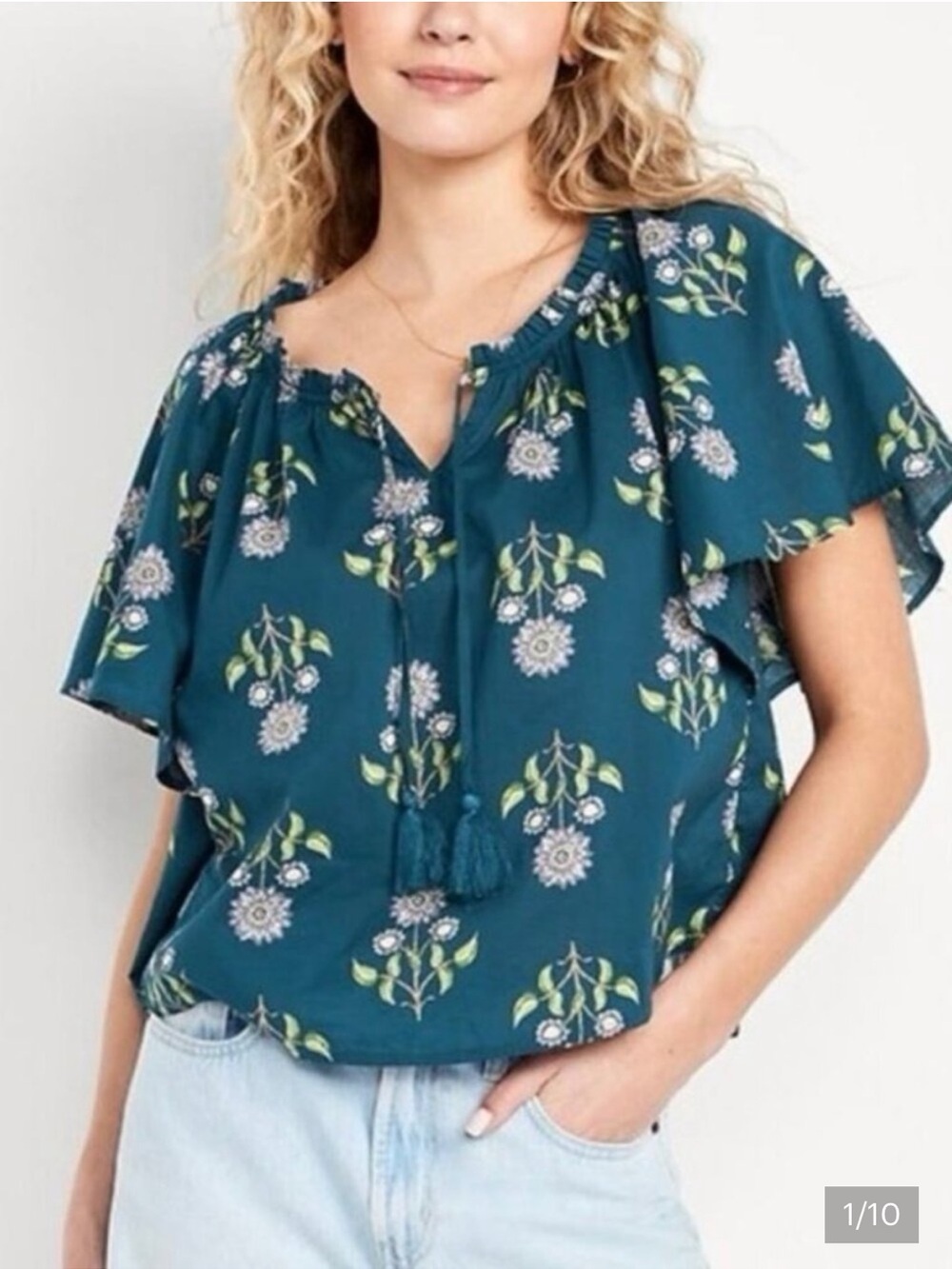 Old Navy teal floral tassel tie flutter sleeve top